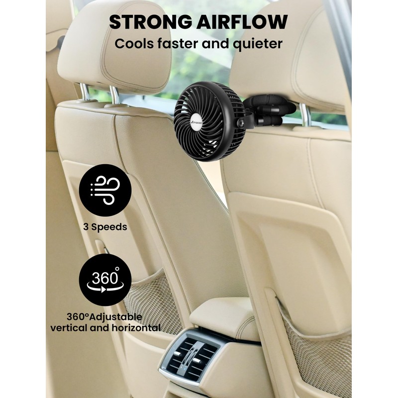 AMACOOL Baby Stroller Fan - 5000mAh Rechargeable, 3-Speed, Strong Yet