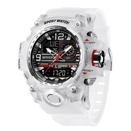 MASTOP Men's Watches Sports Outdoor Camouflage Waterproof Military Wrist Watch Tactical Date Multi Function Large Face LED Alarm Rugged Wristwatch for Training Hiking Adventure (Transparent White)