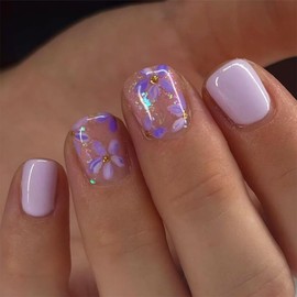 Flower Press on Nails Short Square Fake Nails Press ons with Designs Purplel False Nails Glossy Full Cover Acrylic Glue on Nails Cute Artificial Stick on Nails for Women Nails Decoration 24Pcs