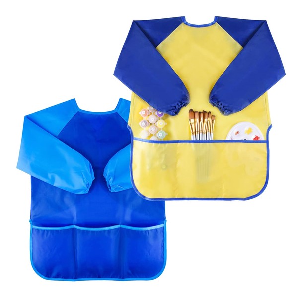 2 Pcs Kids Art Smock,Waterproof Children's Artist Painting Smocks,Waterproof Play Kids Smock,Kids Art Aprons with Long Sleeve 3 Pockets for Painting Cooking Eating Arts & Crafts Childs Paint Aprons