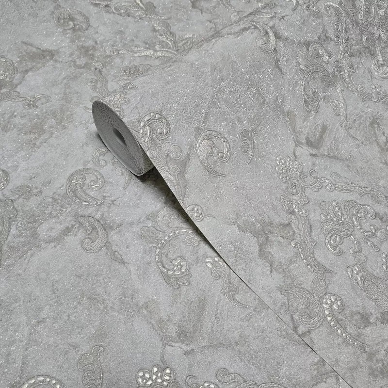 Gray Brass Metallic Distressed Pearl Plaster Textured Victorian Damask Wallpaper
