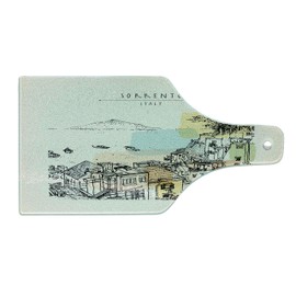 Lunarable Amalfi Coast Cutting Board, Sorrento Italy Lettering Sketchy Design Image with Houses and Boats, Decorative Tempered Glass Cutting and Serving Board, Wine Bottle Shape, Multicolor