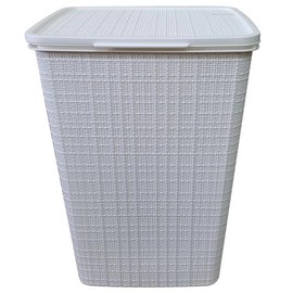 YBM Home Plastic Rattan Laundry Hamper Basket with Hinged Lid, Ventilation Holes, Durable, Lightweight Bin With Cutout Handles, Storage Dirty Clothes, Space Saver, 16.75" x 13.5" x 23.75", White