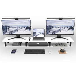 WEGASTU Dual Monitor Stand Riser 43.7 inch Large Extra Long Monitor Stand Riser Wide TV Stand Riser Monitor Stand for 2 Monitors Wood & Steel Leg Desktop Riser Desk Organization Home Office (White)