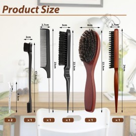 7 Pcs Hair Brush Set, VEGCOO Boar Bristle Hair Brush Back Combing Brush Hair Styling Comb with 2 Hair Clips, Professional Teasing Hair Brush for Women Men Kids Salon Hair Slicking Styling Smoothing