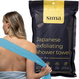 Sima Brand Exfoliating Washcloth Face & Body Scrub Towel - Japanese Exfoliating Towel with Hexagon Fibers, Body Scrubber with 2 Sides for Scrubbing & Washing, Extra Long Body Towels (Blue)