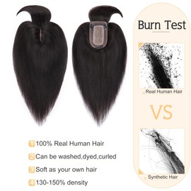 SEGO Hair Toppers for Women Real Human Hair With Bangs 7 * 13CM Silk Base 100% Remy Human Hair Clip in Top Wiglet Hair Pieces for Thinning Hair -16 Inch Natural Black