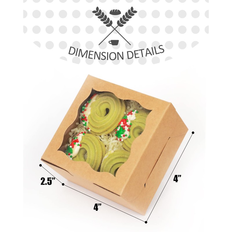 qiqee Bakery Box with Window 4*4*2.5inch/100Packs Brown Macaron Boxes Small