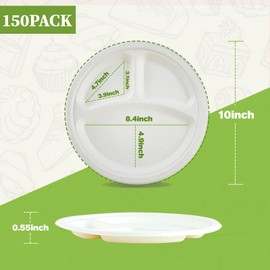 ECOLipak 150 Pack Compostable 3 Compartment Plates, 10 inch Heavy-Duty Disposable Biodegradable Paper Plates, Eco-Friendly Sugarcane Bagasse Plates for Party Dinner