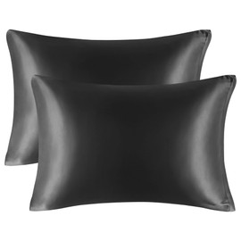 PiccoCasa Satin Pillow Cover, Cool Rayon, Touch Cooling Sensation, Pillow Case with Zipper, Set, Silk-like Soft, Double-sided Pillowcase, Solid, Odor Resistant, 2 Pieces, Black, 20.9 x 29.5 inches (50