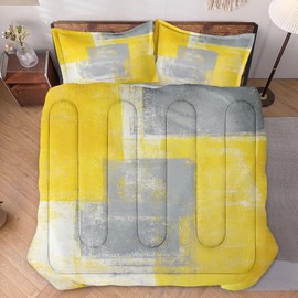 WeCozy King Size Comforter Set with 2 Pillowcases, Grey Yellow Painting 3 Pcs Bedding for Kids and Adults, Contemporary Abstract Modern Soft Comforter Set for Bedroom Bed Decor