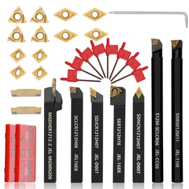 Joogto Indexable Lathe Turning Tool 21Pcs Kit 1/2'' 12mm Shank 7 Pcs Metal Lathe Tool Holder Set for Turning Grooving Threading Boring with 14 Pcs Carbide Inserts Turning Inserts Carbide Turning Tool