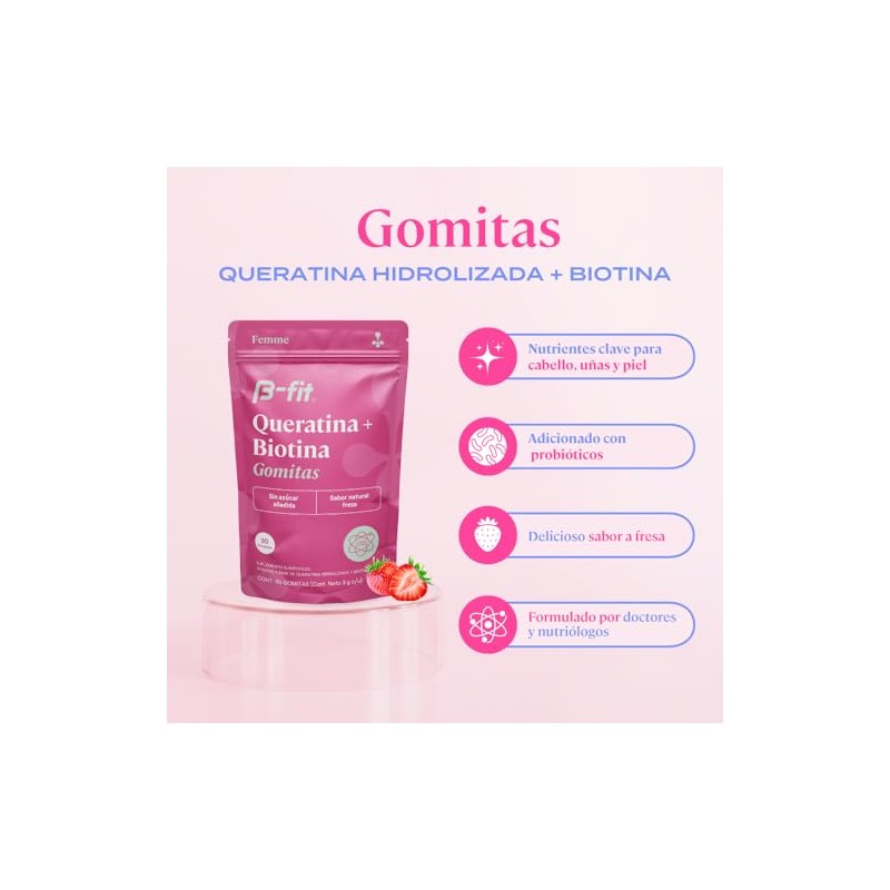 Fit Gomitas Biotina Queratina Piezas Sabor Fresa Suplemento Alimenticio Inulina