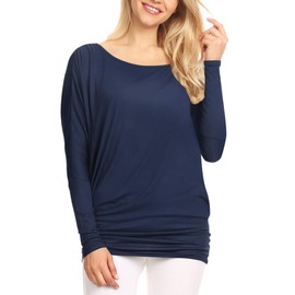 LL WT826 Women's Casual Flowy Draped Long Sleeve Batwing Dolman Top – Soft & Comfortable Loose Fit Pullover M Navy