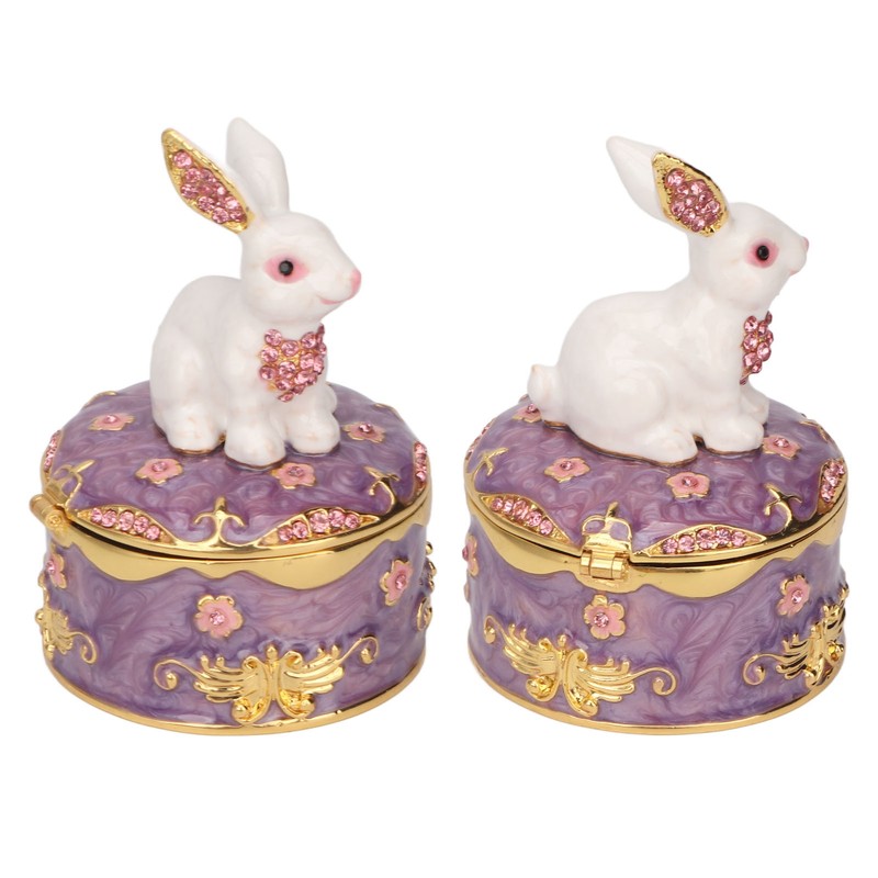 Rabbit Trinket Box Vintage Metal Enamel Antique Floral Engraving Pattern