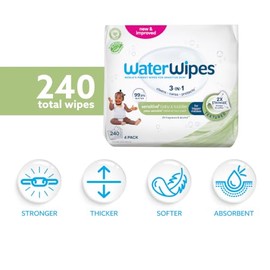 WaterWipes Sensitive+ Baby & Toddler Wipes, 3-In-1 Cleans, Cares, Protects, 99.9% Water, Textured Clean, Unscented & Hypoallergenic, 240 Count (4 Pack