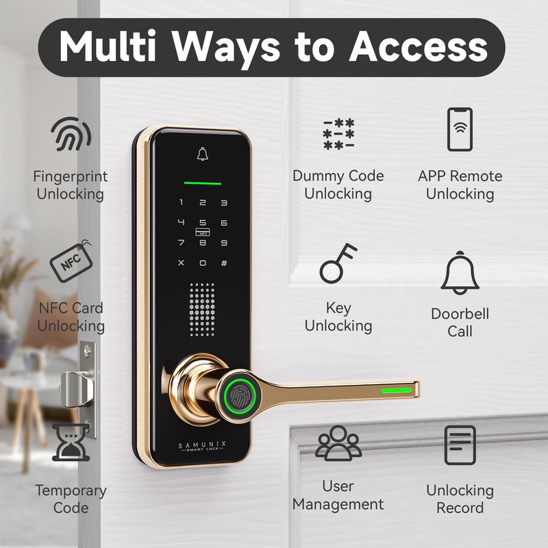 SAMUNIX Smart Fingerprint Door Lock with Handle - Premium Golden