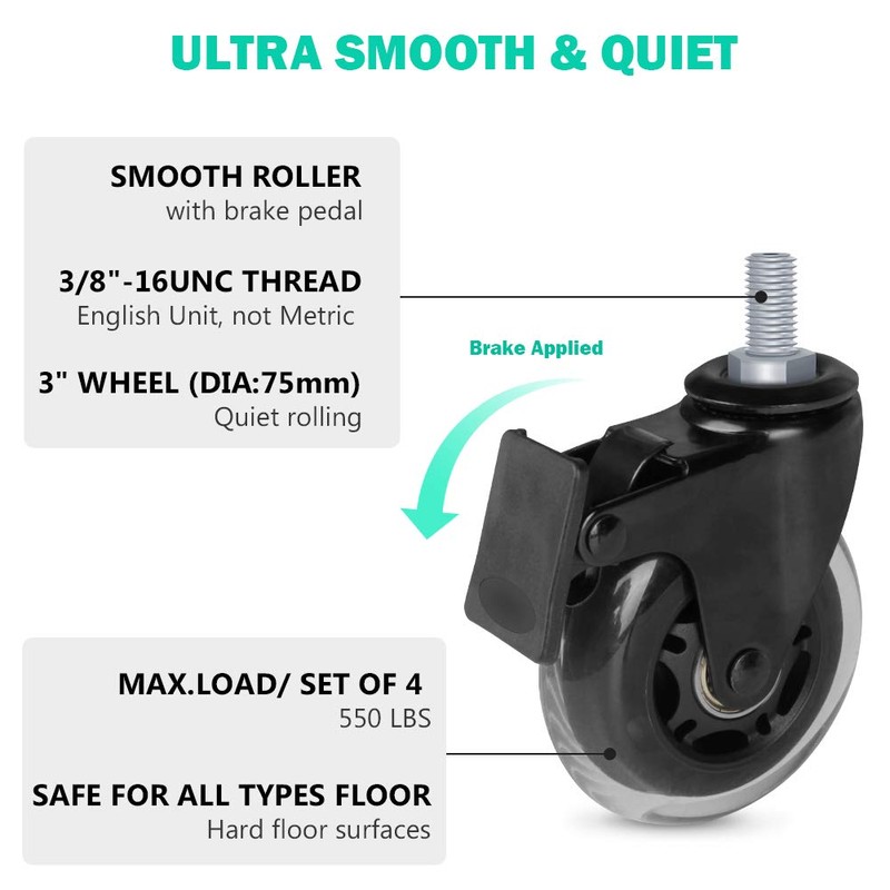 Hirate 3" Caster with 3/8"-16UNC Threaded Stem(2 Casters with Brake