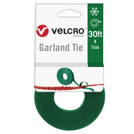 VELCRO Brand Holiday Garland Ties or Cable Straps | Hang Garlands, Lights or Wreath | for Banister, Railings, Stairs or Lamp Posts | 30ft Roll Cut to Custom Length | Green