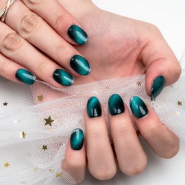 Sun&Beam Nails Handmade Press On Nail Medium Short Green Magnetic Cat Eye Fake Tip 3D Design Art Charms Cute with Storage Box 10 Pcs (#36 S)