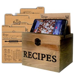 Gkesgm Recipe Box with 70 Recipe Cards and Dividers,Rustic Wood Box Organizer Set to Write in Your Own Recipes,Includes Anti-slip Pad,Housewarming Gift