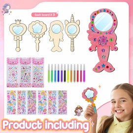 BAPHILE 12 Pack Wooden Mirror Craft for Kids, Make Your Own Princess Mirrors for Girls, Paint Wooden Hand Mirror for Art Activities Birthday Party Favors