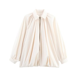 Hvewarm Womens Casual Puffed Bomber Jackets Lightweight Pleats Bubble Sleeves Lapel Collar Zipper Shirts Streetwear(H252-Beige-M)