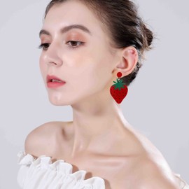 YUNXI Simulated Fruit 3D Strawberry Acrylic Earring Cute Stereoscopic Red Strawberry Dangle Earring, Country Style Ear Clip Ear Hook women Jewelry (3D Strawberry Acrylic Earring- Long Design)