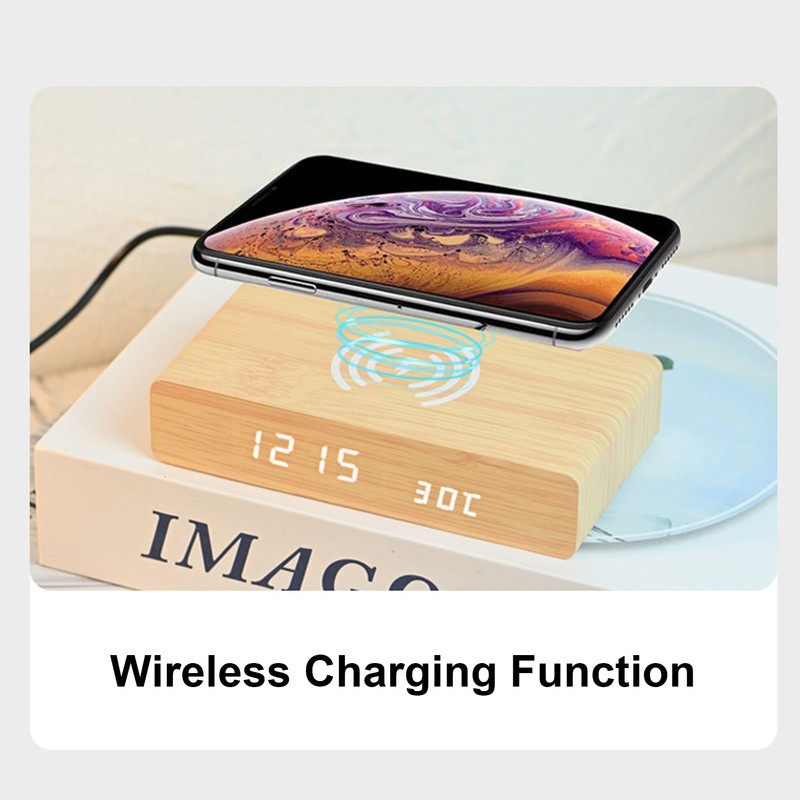 Wooden Digital Alarm Clock with Wireless Charging 3 Level Dimmer