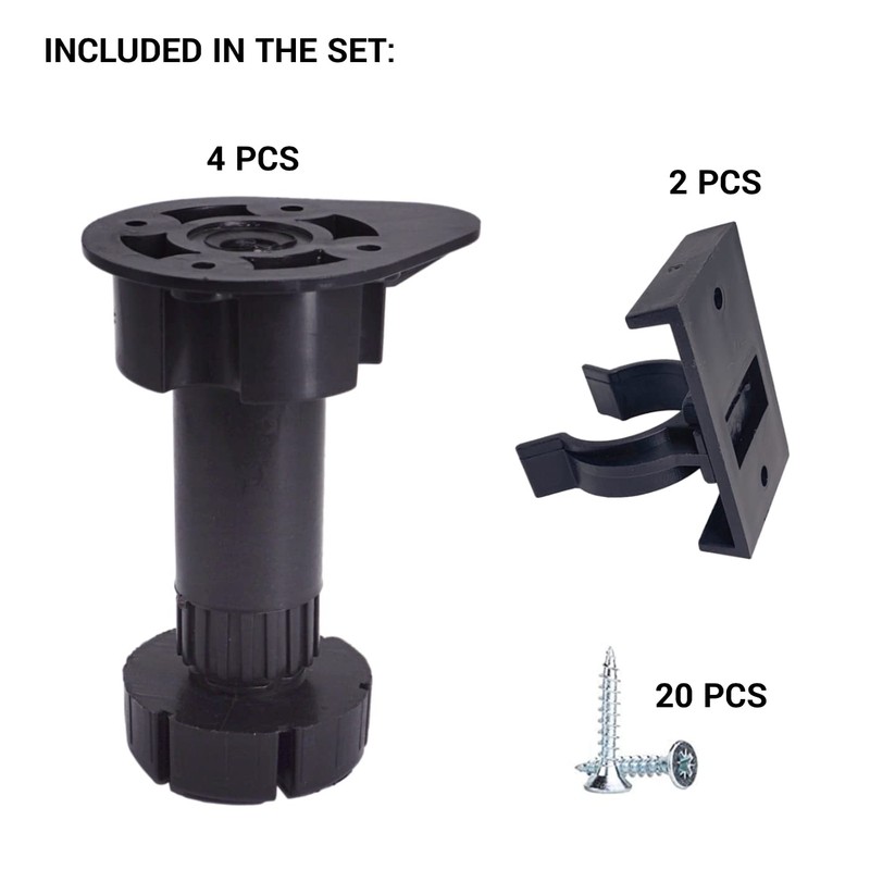 Diforma 4 Pcs Black Plastic Height Adjustable Furniture Legs with