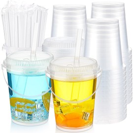 Funnymoom 30 Set Clear Plastic Cups 34 oz Ice Cream Buckets with Lids and Straws Disposable Drink Cups Cocktail Pails with Handles for Outdoor Holiday Travel Beach Birthday Pool Party Supplies
