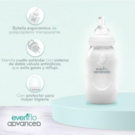 Evenflo Advanced Biberón Anticólicos, Transparente, Flujo Lento, Cuello Estándar, Silicón Libre de BPA, 120ml, 0-3 Meses, 1 Pieza