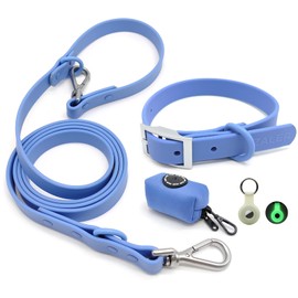 ZALER Dog Collar and Leash Set, Waterproof Adjustable Odor Proof Pet Collars Leashes for Large, Medium Small Dogs, 6FT Dog Leash with Airtag Dog Collar Holder and Dog Poop Bag Holder (XL, Blue)