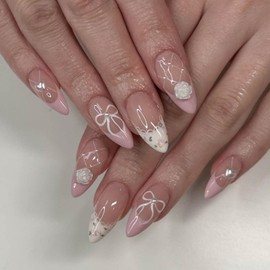 YoYoee 24-Piece Short Almond Press on Nails - Bow Tie French False Nails | 3D Flower Fake Nails Pearl Nails Tips for Women Elegant & Durable Artificial Nails for Instant Manicure