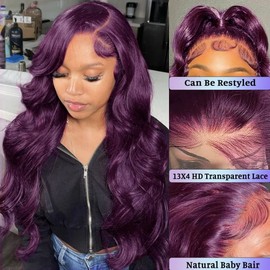 Dark Burgundy 13x4 Body Wave Lace Front Wig Human Hair 150% Density Deep Smokey Purple Body Wave Wigs for Women HD Transparent Lace Front Wigs Glueless Human Hair Pre Plucked with Baby Hair 28inch