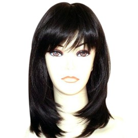 Kalyss 18" Women's Shoulder Length Layers Straight Flat Hair bangs Heat Resistant Black Synthetic Hair Wig