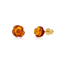 Genuine Amber Women Earrings - Exclusive Rose-Shaped Jewelry from the Baltic Sea - Hand-Crafted in Europe - Cognac on a Gold-plated Silver Sterling