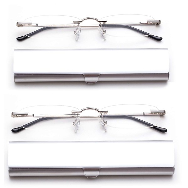 2 Pack Compact Reading Glasses in Tube Slim Rimless Reader