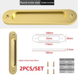 MiJunHD Recessed Sliding Door Pull, 2Pcs Oval Brushed Gold 180 * 40mm Solid Aluminum Alloy Flat Bottom Handle Finger Pull with Screws for Sliding Barn Door,Closet,Cabinet,Windows