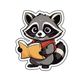 Set of 4 - Cute Reading Raccoon Cartoon Sticker, Decorative Animal Decal,SUV, Van, Window, Bumper, Wall, Laptop, Tablet, Cup,Tumbler Or Any Smooth Surface