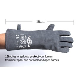 RAPICCA Fireplace Gloves Fire Heat Resistant: Grey 16IN - Fireproof Leather for Fireplace Fire pit Wood stove Campfire Furnace BBQ Grill Stick Mig Welding Welder Gear - one size 662℉