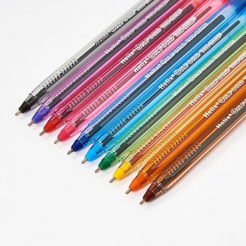 Helix Oxford Tri-Grip Ballpoint Pens (x10 Pack Assorted Colours) with