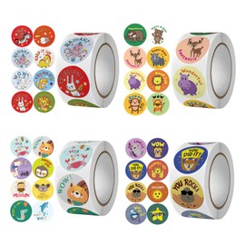 Yamibobo 2000pcs Multicolor Cartoon Animal Motivational Stickers for Kids, 4 Roll, Round, Plastic