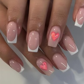 24 Pcs French Nude Press on Nails Short Square for Women - YIHONGYAN Fake Nails Press ons Nail Tips Acrylic Nail Art Kit Glue on Nails Full Cover Pink Heart Design Nail Supplies