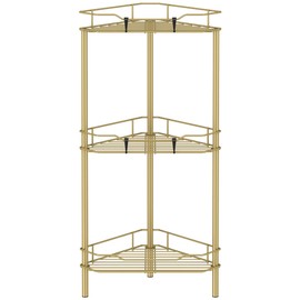 HuggieGems 3 Tier Floor Standing Corner Shower Caddy Organizer Shelf with Hooks, Bathroom Shelves Stand Rack, Gold
