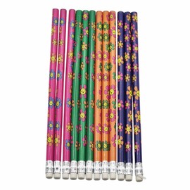 schone HB Pencils 12 Pack – Pre-Sharpened Wooden Pencils with Erasers – Colourful Design (Flowers)
