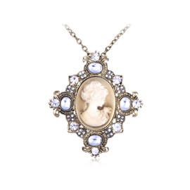 Alilang Golden Tone Clear Rhinestone Crystal Cameo Maiden Lady Pendant Necklace