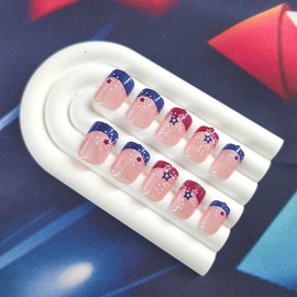 Independence Day Press on Nails Short Square Fake Nails with Star Glitter Designs Red French Tip Nails Press ons Glossy Glue on Nails 4th of July Acrylic Nails Blue Stick on Nails for Women 24Pcs