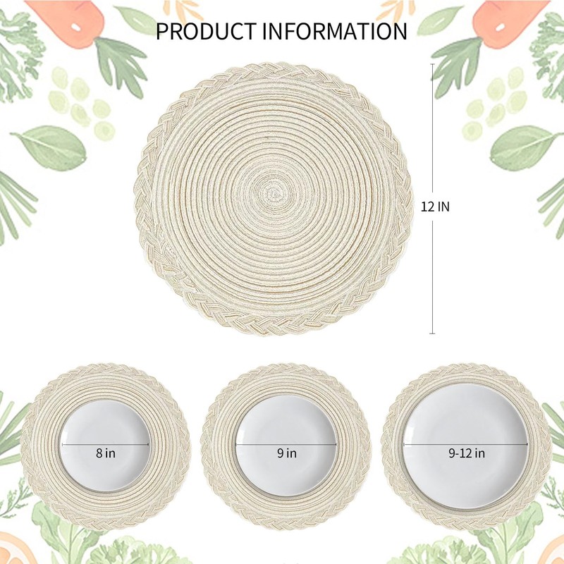 12 Inch Placemats,Round Braided Placemats Set of 4,Washable Heat Resistant