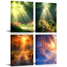 LoveHouse 4 Seasons Canvas Wall Art Spring Summer Autumn Winter Forest Sunrise Landscape Painting Morning Sunshine Picture Prints Framed Modern Artwork For Bedroom Kitchen Living Room 12"x16"x4Pcs